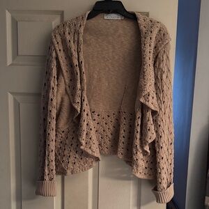 Willow Tan Open-Front Cardigan With Open Knit Sleeves and Trim
